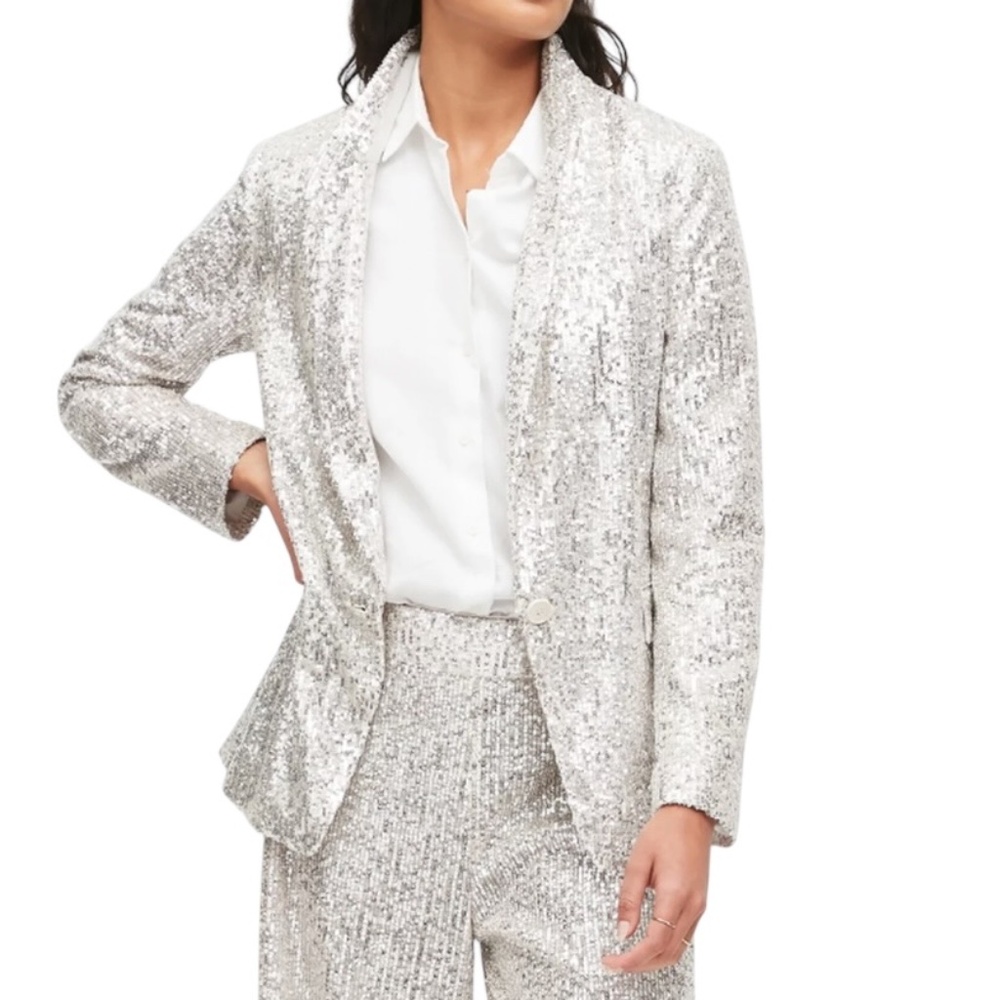 BANANA REPUBLIC CHAMPAGNE SILVER SOFT DRAPEY SEQUIN BLAZER